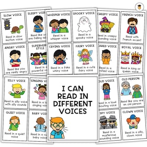 May include: A set of flashcards with illustrations and text describing different voices. The cards feature various characters and scenarios, such as a slow voice with a turtle, a spooky voice with a ghost, and a French voice. The central card reads "I CAN READ IN DIFFERENT VOICES."