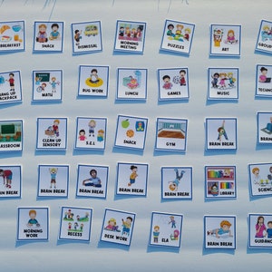 COPIE PHYSIQUE : 35 cartes illustrées | Horaire des cours | Embarquez ensuite | Calendrier visuel | Graphique de comportement | Carte de tâche | Besoins spéciaux | Autisme