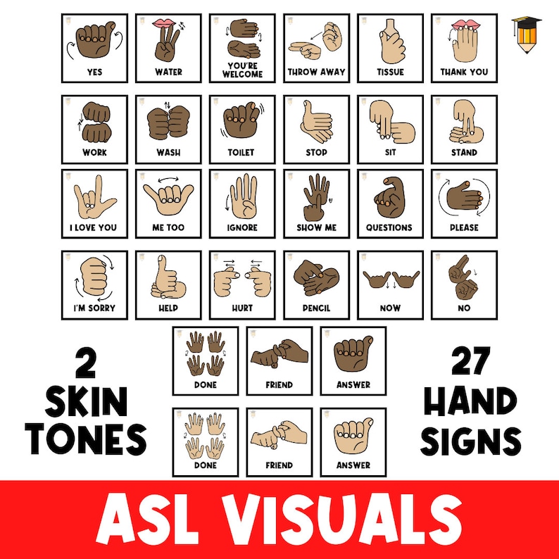 May include: A set of 27 American Sign Language (ASL) hand signs, illustrated with two different skin tones. The signs include "yes", "water", "you're welcome", "throw away", "tissue", "thank you", "work", "wash", "toilet", "stop", "sit", "stand", "I love you", "me too", "ignore", "show me", "questions", "please", "I'm sorry", "help", "hurt", "pencil", "now", "no", "done", "friend", and "answer".