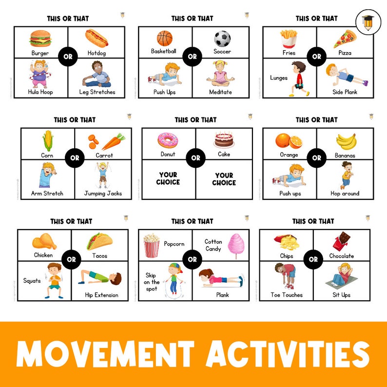 May include: A printable game board with nine colorful squares. Each square has two images and the text "This or That" and "OR". The images are of food, activities, and movement exercises. The game board is titled "Movement Activities".