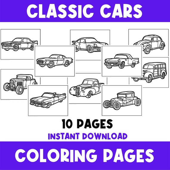 Classic Cars Coloring Page | Coloring Activities | Happy Birthday | Birthday Gifts | Cars | Party Favors | For Boys | Classic | For Him