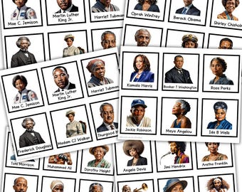 May include: A colorful grid of 24 square cards featuring portraits of notable African American figures, including Martin Luther King Jr., Harriet Tubman, Oprah Winfrey, Barack Obama, Shirley Chisholm, Mae C. Jemison, Kamala Harris, Booker T. Washington, Rosa Parks, Frederick Douglass, Madam CJ Walker, Thurgood Marshall, Jackie Robinson, Maya Angelou, Ida B. Wells, Toni Morrison, Muhammad Ali, Dorothy Height, Angela Davis, Jimi Hendrix, Aretha Franklin, WEB du Bois, Sojourner Truth, Nelson Mandela, Louis Armstrong, Zora Neale Hurston, and Serena Williams.