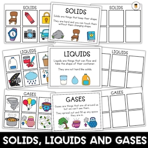 May include: Educational flashcards illustrating the states of matter: solids, liquids, and gases. Each card features colorful drawings of everyday objects and descriptive text. The title "SOLIDS, LIQUIDS AND GASES" is at the bottom.