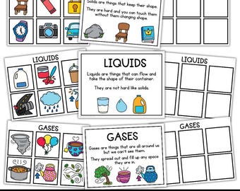 May include: Educational flashcards illustrating the states of matter: solids, liquids, and gases. Each card features colourful drawings of everyday objects and descriptive text. The title "SOLIDS, LIQUIDS AND GASES" is at the bottom.