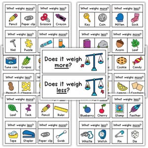 May include: Educational flashcards with illustrations of everyday objects. Each card poses a question about weight comparison, such as "What weighs more?" or "What weighs less?" The cards feature items like pencils, scissors, and fruit.