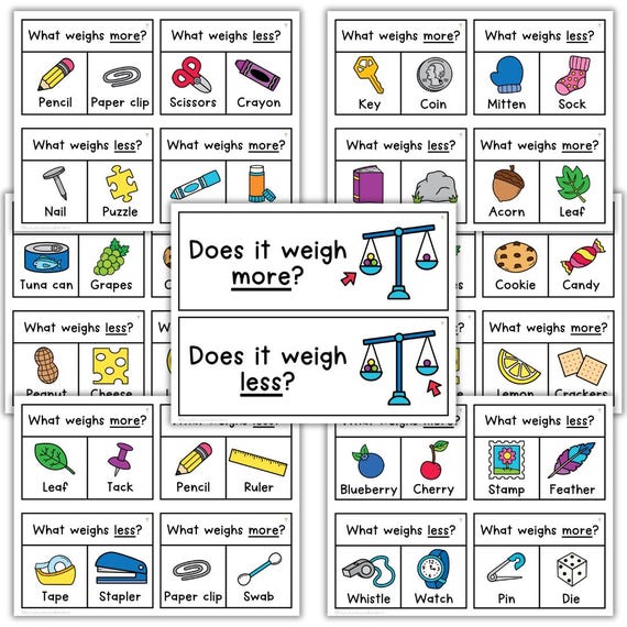 PHYSICAL COPY: 20 What Weighs More Task Cards | Math Task Cards | Units of Measurement | Comparison | Fine Motor Activities | Hands On