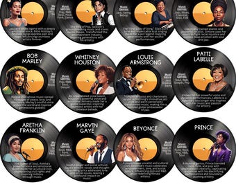 20 affiches en vinyle sur l'histoire des Noirs | Présentoir pour babillard | Décoration histoire des Noirs | histoire afro-américaine | Musiciens célèbres | PDF numérique