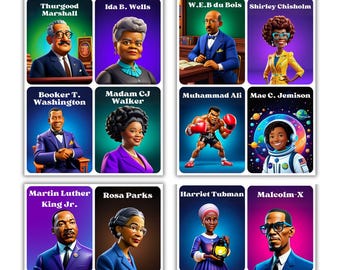 May include: A collage of illustrated portraits of notable African American figures, including Thurgood Marshall, Ida B. Wells, W.E.B. Du Bois, Shirley Chisholm, Booker T. Washington, Madam CJ Walker, Muhammad Ali, Mae C. Jemison, Martin Luther King Jr., Rosa Parks, Harriet Tubman, and Malcolm X.