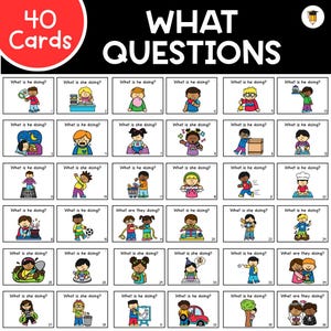May include: A set of 40 educational cards with the title "WHAT QUESTIONS". Each card features a cartoon illustration of a child performing an action, with the question "What is he/she doing?" above the image.