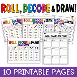 Könnte beinhalten: Ein Set aus druckbaren Lernarbeitsblättern mit dem Titel Roll, Decode & Draw!, die CVC-Wörter enthalten, welche nach Würfelzahlen von eins bis sechs geordnet sind. Die Seiten zeigen Spalten mit Wörtern und ein Raster zum Zeichnen von Bildern.