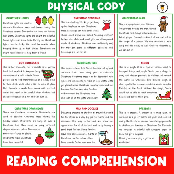 PHYSICAL COPY: Christmas Reading Comprehension | Christmas Worksheets | Reading | Writing | Preschool | Kindergarten | Literacy Centers