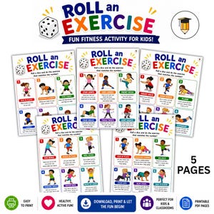 May include: A set of colourful printable exercise cards for children, with the text "ROLL an EXERCISE." The cards show illustrations of exercises such as star jumps and high knees, with a dice graphic and the words "FUN FITNESS ACTIVITY FOR KIDS!"