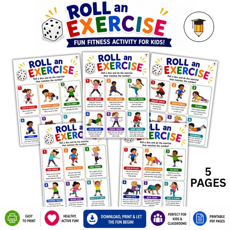 May include: A set of colourful printable exercise cards for children, with the text "ROLL an EXERCISE." The cards show illustrations of exercises such as star jumps and high knees, with a dice graphic and the words "FUN FITNESS ACTIVITY FOR KIDS!"