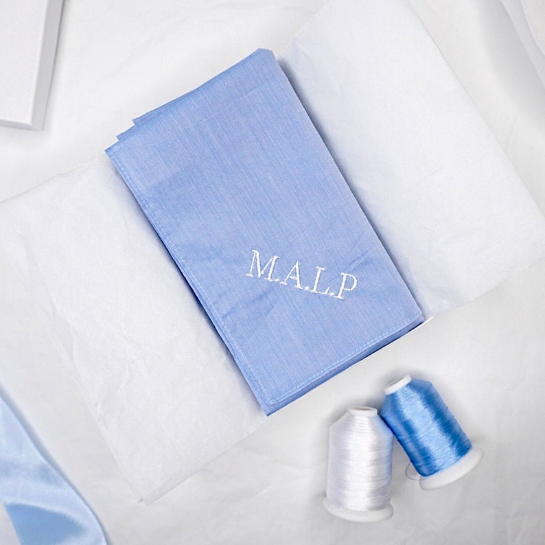 Blue Grey Mothers /& Fathers Day Luxury Handkerchief Personalised Initial Embroidery White Wedding Present Gift for Valentines Day