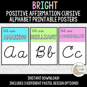 Printable Positive Affirmation Cursive Alphabet Wall Cards Classroom Homeschool Decor Bright Cursive Alphabet Lined Unlined Download Options