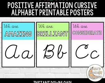 Printable Positive Affirmation Cursive Alphabet Wall Cards Classroom Homeschool Decor Bright Cursive Alphabet Lined Unlined Download Options