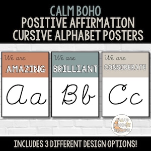 Cartes murales imprimables en alphabet cursif avec affirmation positive, décoration d'école à la maison, couleur bohème, alphabet cursif 3 Design Options de téléchargement