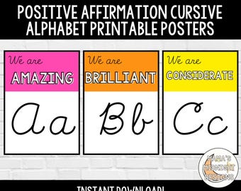 Printable Positive Affirmation Cursive Alphabet Wall Cards Classroom Homeschool Decor Neon Brights Cursive Alphabet Lined Unlined Options