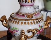 Vintage GZHEL Russian Porcelain SAMOVAR with Mini Teapot Elaborate Flowers Gold.