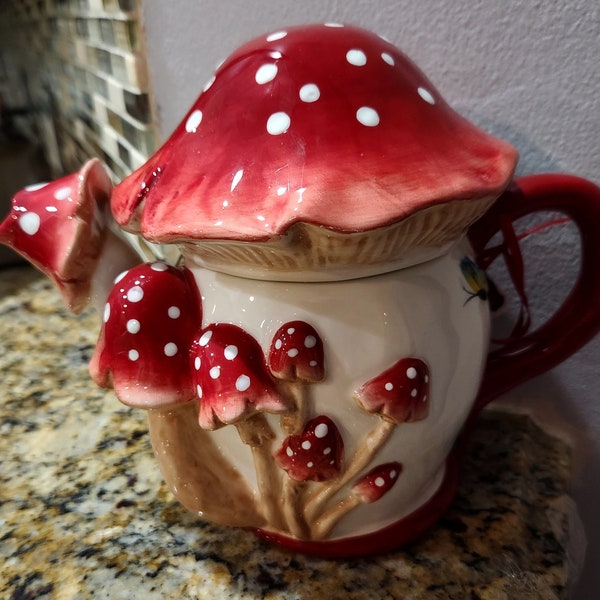 Blue Sky Clayworks Ceramic Red & White Polka Dot Mushroom Teapot By Heather Goldminc