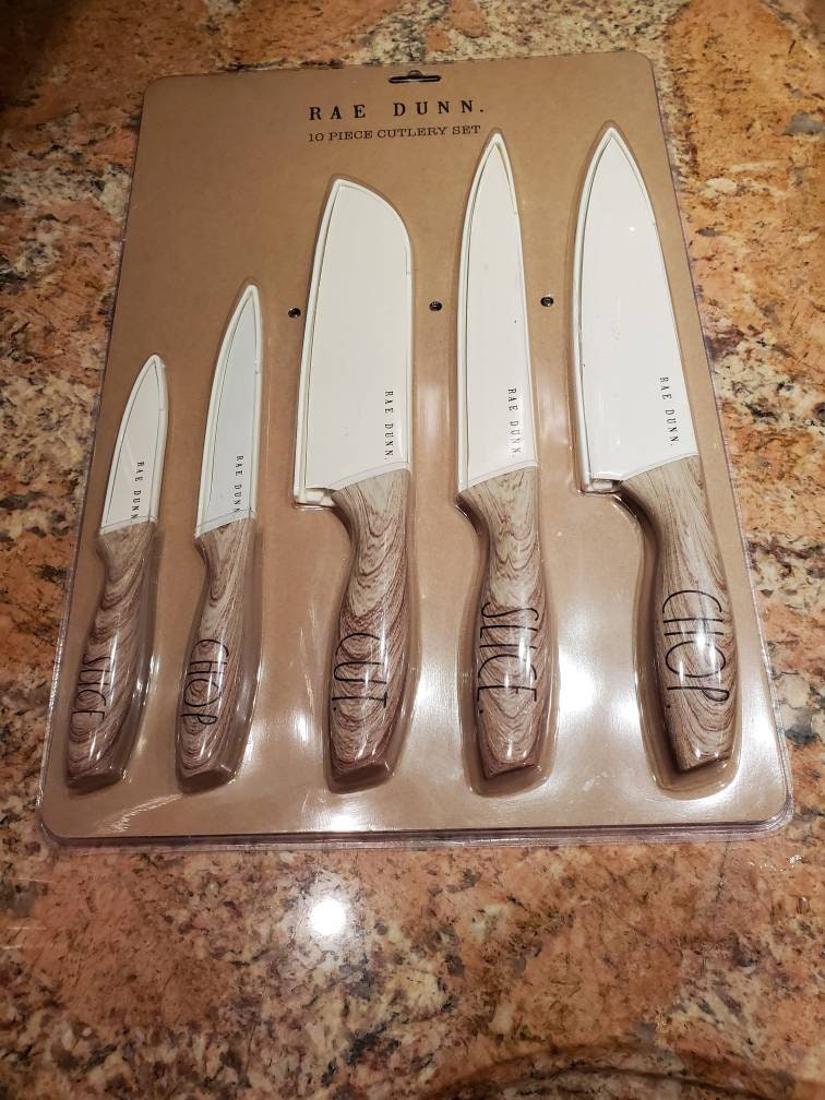 Rae Dunn 10 Piece KNIFE Cutlery Set With Wooden Handle LL Lettering 