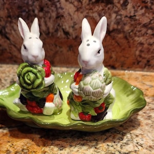 Easter Bunny "Spring Collection" 3 piece Salt and Pepper Shakers on a Tray by Corner Ruby