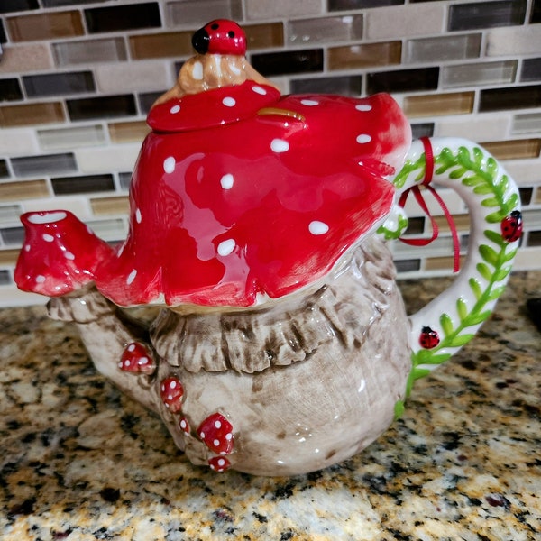 Blue Sky Red and White Polka Dot Mushroom and Ladybug Teapot By Heather Goldminc