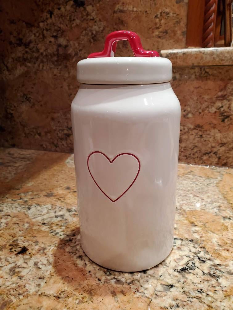 Rae Dunn Canister Cookie Jar Magenta Red Heart 8" Lid Red Handle NEW Heart 