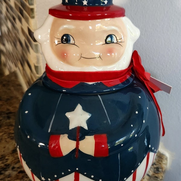 Johanna Parker Carnival Cottage Uncle Sam Patriotic Ceramic  Canister