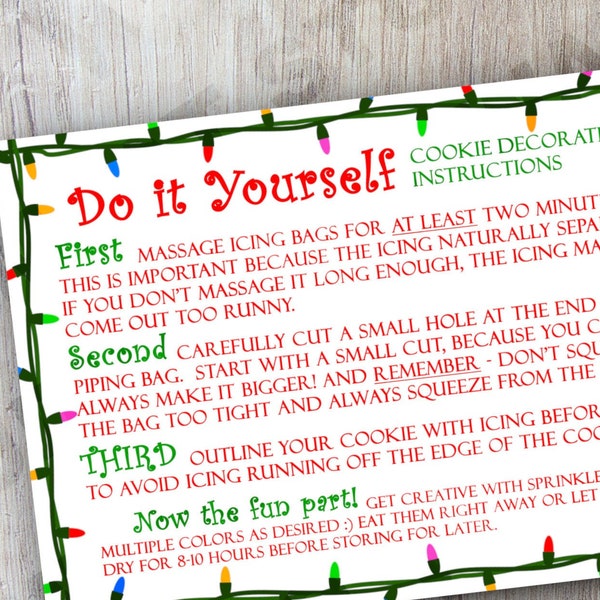 Printable DIY Cookie Kit Card - 3.5"x5" - Christmas Lights Theme Decorate Your Own Cookie Kit Instructions for Kits with Piped Icing