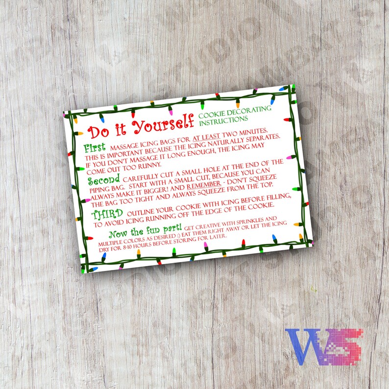 Printable DIY Cookie Kit Card 3.5x5 Christmas Lights Theme Decorate Your Own Cookie Kit Instructions for Kits with Piped Icing image 1