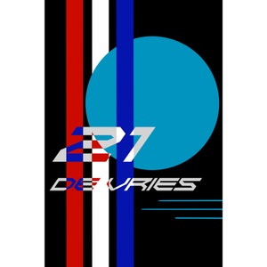 May include: A black and white graphic with red, white, and blue stripes. The number "21" is in the center of the graphic, with the word "De Vries" below it. A large blue circle is behind the number.