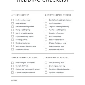 Op de afbeelding: Een checklist voor een bruiloft met een lijst van taken die moeten worden voltooid voor de bruiloft. De checklist is onderverdeeld in secties voor na de verloving, 6-2 maanden voor de bruiloft, 2-1 maanden voor de bruiloft en 1 maand voor de bruiloft.