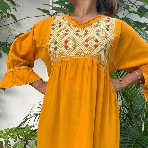 Robe boho mujer manga larga amarillo, robe bordado Chiapas, robe playero, bordado hermoso mexicano, robe bordado telar cintura