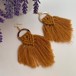 May include: A pair of gold hoop earrings with a brown macrame tassel. The tassels are long and flowy, and the hoops are simple and elegant.