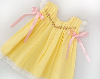 Hand embroidered Mexican yellow dress/ summer baby dress/slow fashion dress for little girls/ hand embroidered baby dress/ chic dress