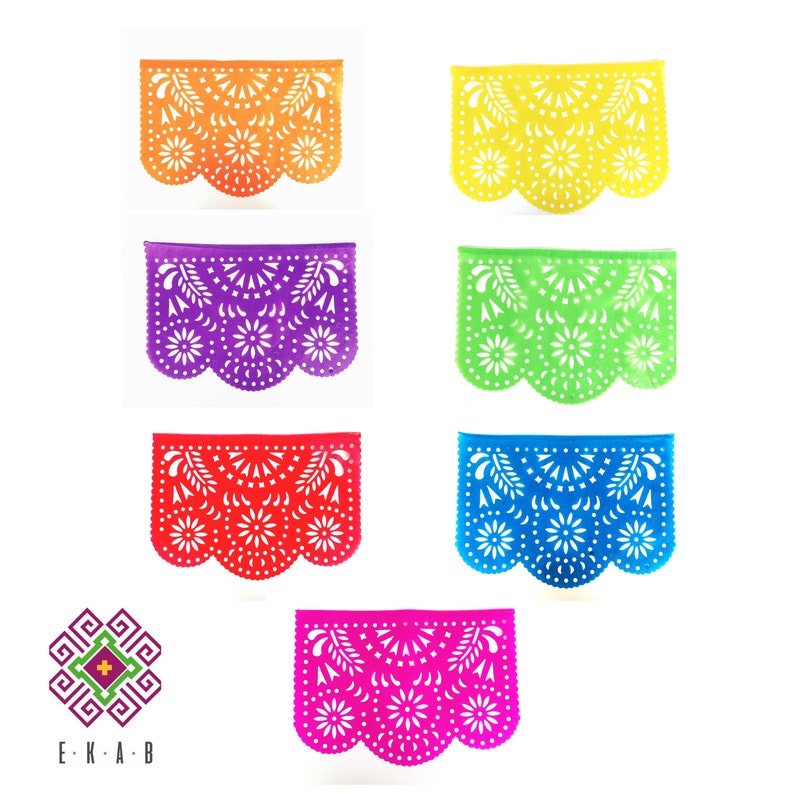 May include: Six colorful paper banners with a scalloped edge and intricate cut-out designs. The banners are in orange, yellow, purple, green, red, and pink.