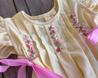 Hand embroidered Mexican yellow dress/ summer baby dress/slow fashion dress for little girls/ hand embroidered baby dress/ chic dress