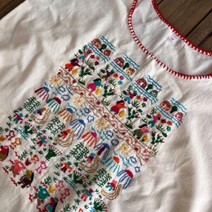 Mexican embroidery narrative huipil shirt, Michoacan embroidery, huipil nahua embroidery,Nahuatl artisan huipil, purepecha huipil handmade