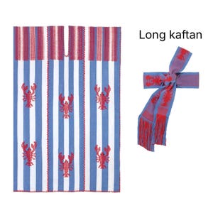 May include: A long kaftan with a matching belt. The kaftan features a blue and white striped pattern with red lobster embroidery. The belt is blue with red lobster designs and red fringe.
