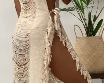 Robe longue en tulum effiloché, tenue de plage effilochée en tulum, tenue de plage kimono tunique boho, tenue de plage boho, robe de déesse, caftan boho de plage