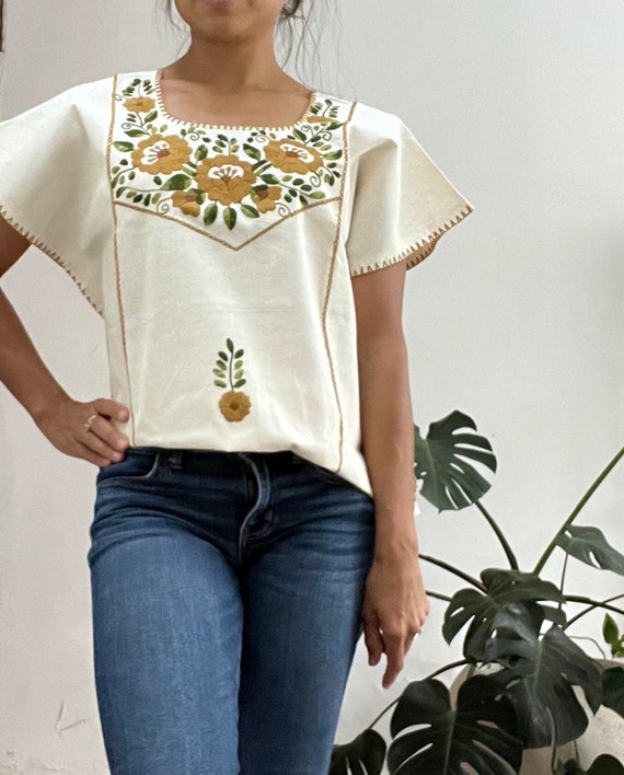 Blusa Bordada Mexicana Camisa Bordada Oaxaca Huipil Tacuate