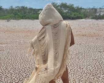 Abrigo unisex con capucha para festival, poncho unisex, kimono unisex para playa, atuendo de Tulum, vestido playero deshilachado, pareo bohemio, festival de música de Tulum