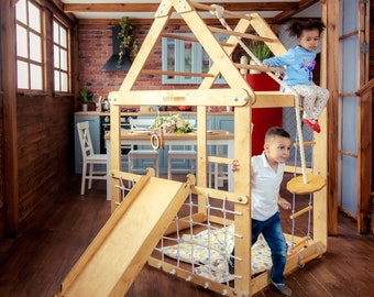Indoor Playground for Kids - Wooden Climbing Gym Include Ladder, Slide and Swing Set - Climber for Toddlers 1-3-5-7 y.o