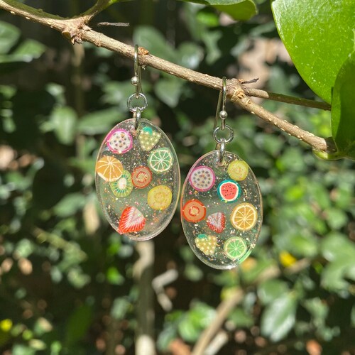 Fruit Salad Large Round Cutout Dangle Resin Earrings Etsy