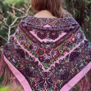 Slavic Shawl with Traditional Ukrainian Floral Embroidery style floral piano shawl colorful Pink headscarf large bohemian scarf
