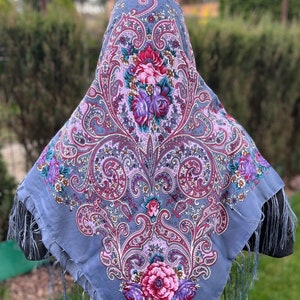 Ukrainian shawl 80% Wool blue HijabTraditional Ukrainian scarf, scarf flower, Ethnic Folk Ukrainian Wool Shawl Babushka ethnic european image 1