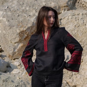 Embroidered Linen Blouse: Black Vyshyvanka Top with Red Folk Design