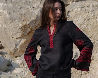 Embroidered Linen Blouse: Black Vyshyvanka Top with Red Folk Design Christmas