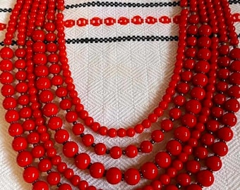Red Coral Beaded Necklace, Multi Strand Statement Jewelry, Ethnic Boho Necklac